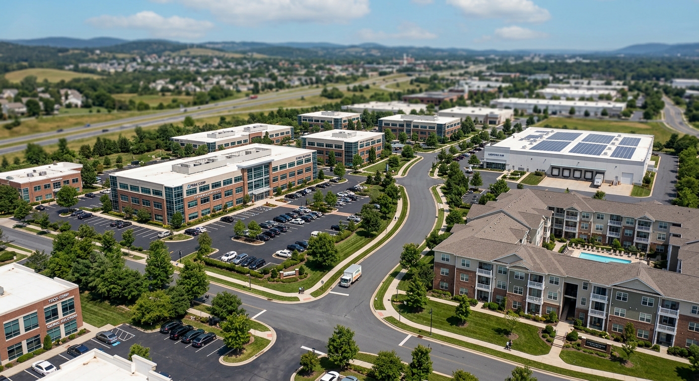 Aerial view of a mixed residential and commercial development